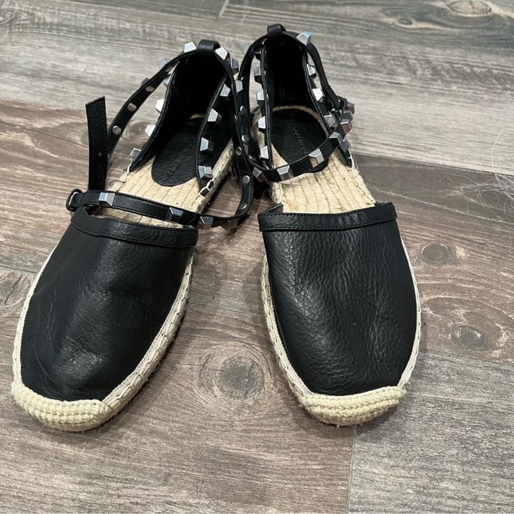 Rebecca Minkoff Gilles Black Leather Wrap Studded Espadrille Sz 8 like New!!